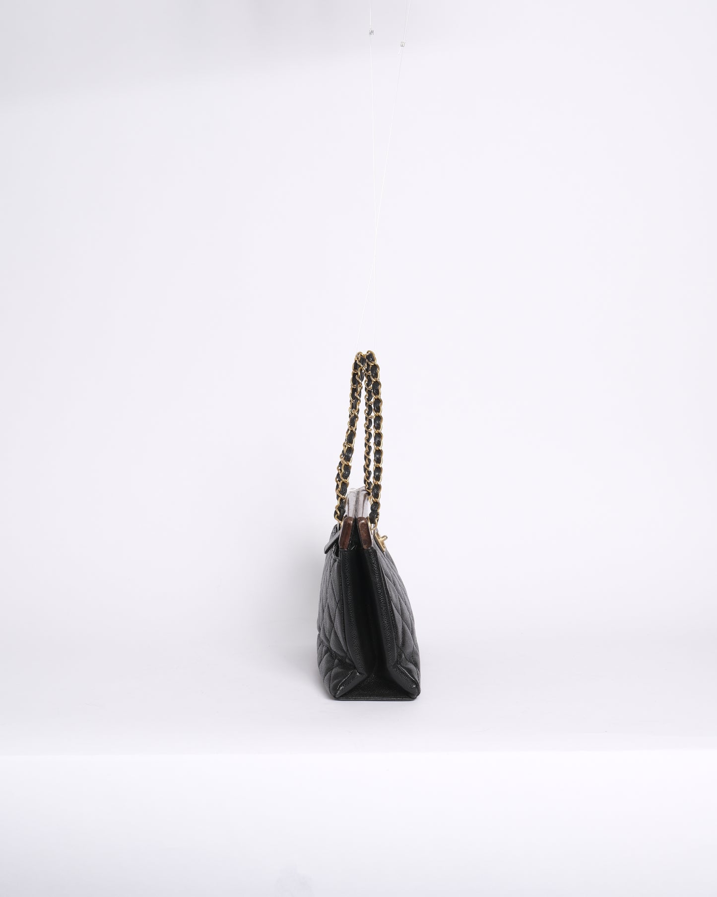 RARE Chanel 1995 Black Caviar Leather Quilted Wood Trim Chain Shoulder Bag
