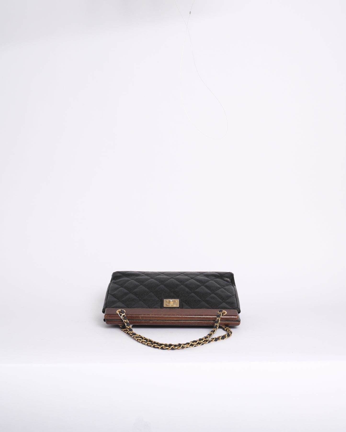 RARE Chanel 1995 Black Caviar Leather Quilted Wood Trim Chain Shoulder Bag