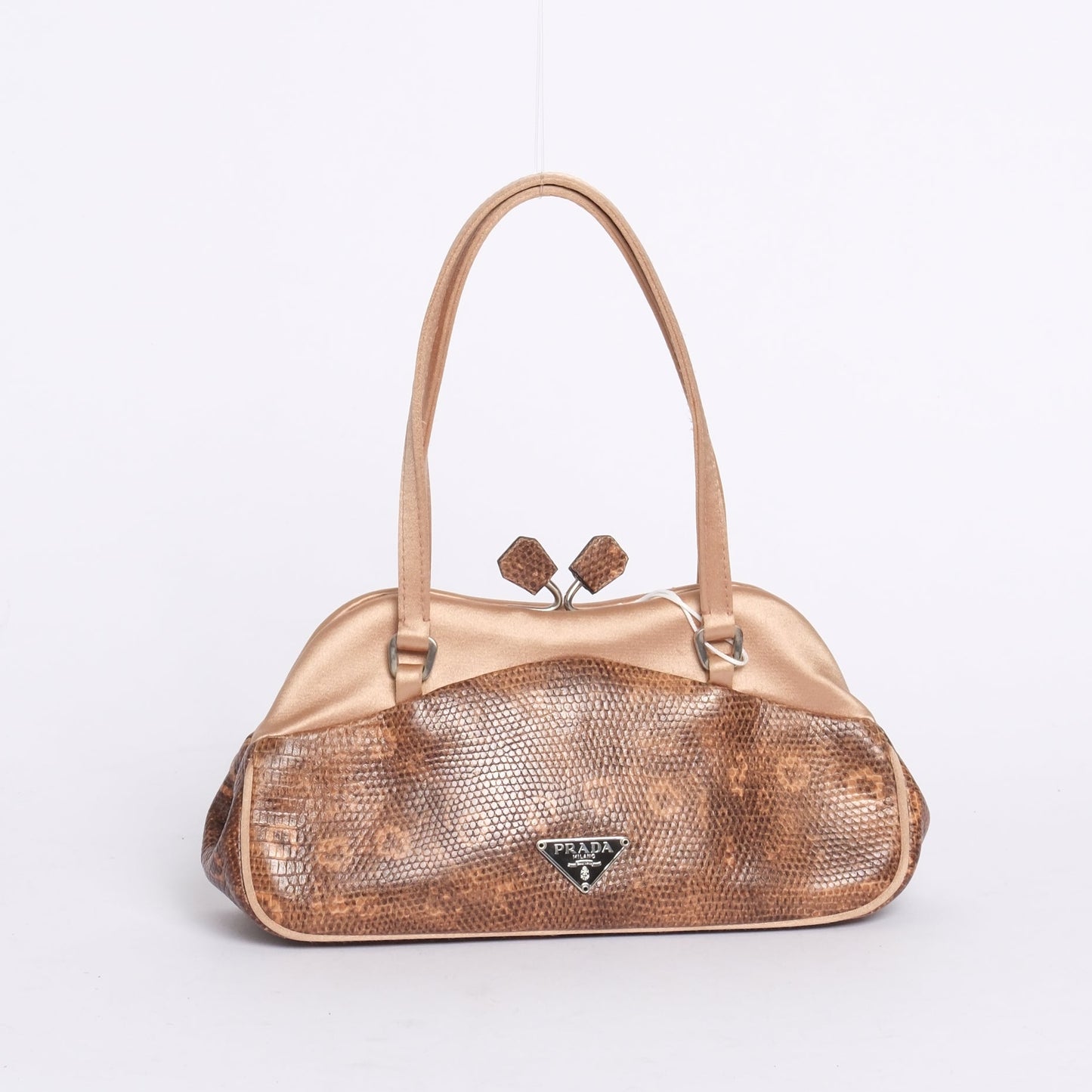 Prada Pink & Brown Lizard Satin Small Kisslock Bag w/ Mirror