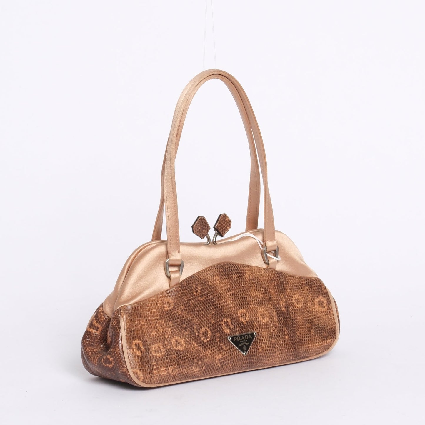 Prada Pink & Brown Lizard Satin Small Kisslock Bag w/ Mirror