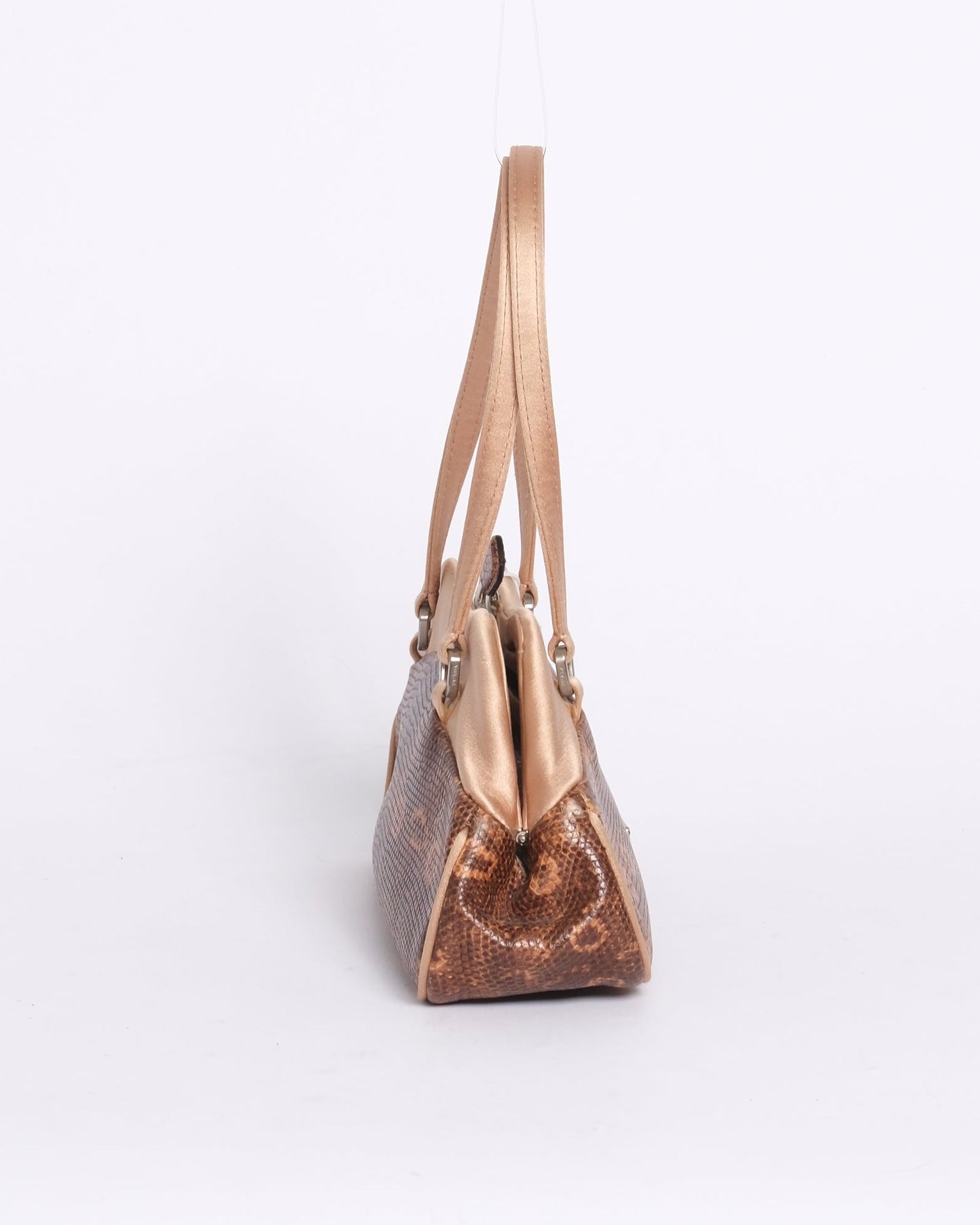 Prada Pink & Brown Lizard Satin Small Kisslock Bag w/ Mirror
