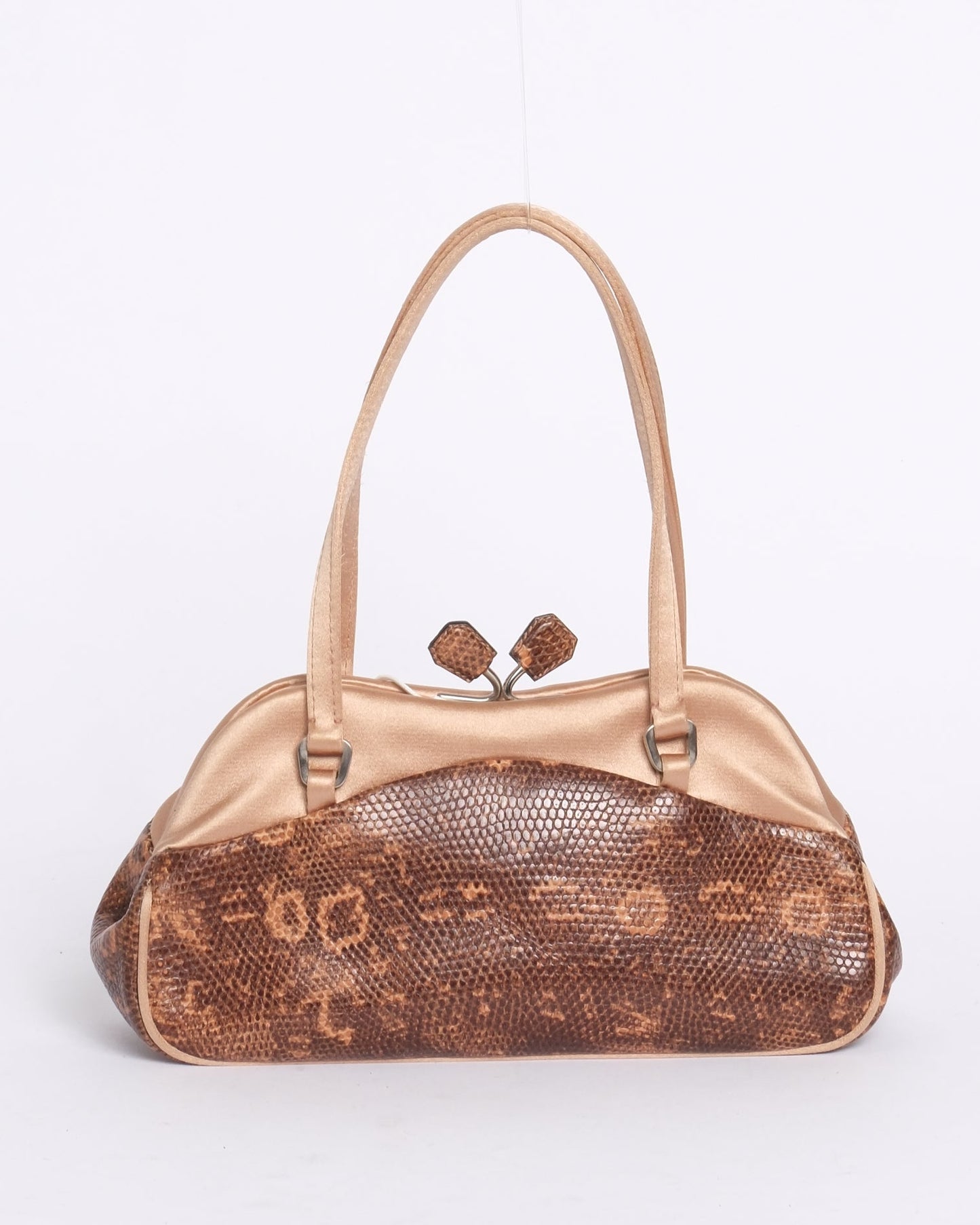 Prada Pink & Brown Lizard Satin Small Kisslock Bag w/ Mirror