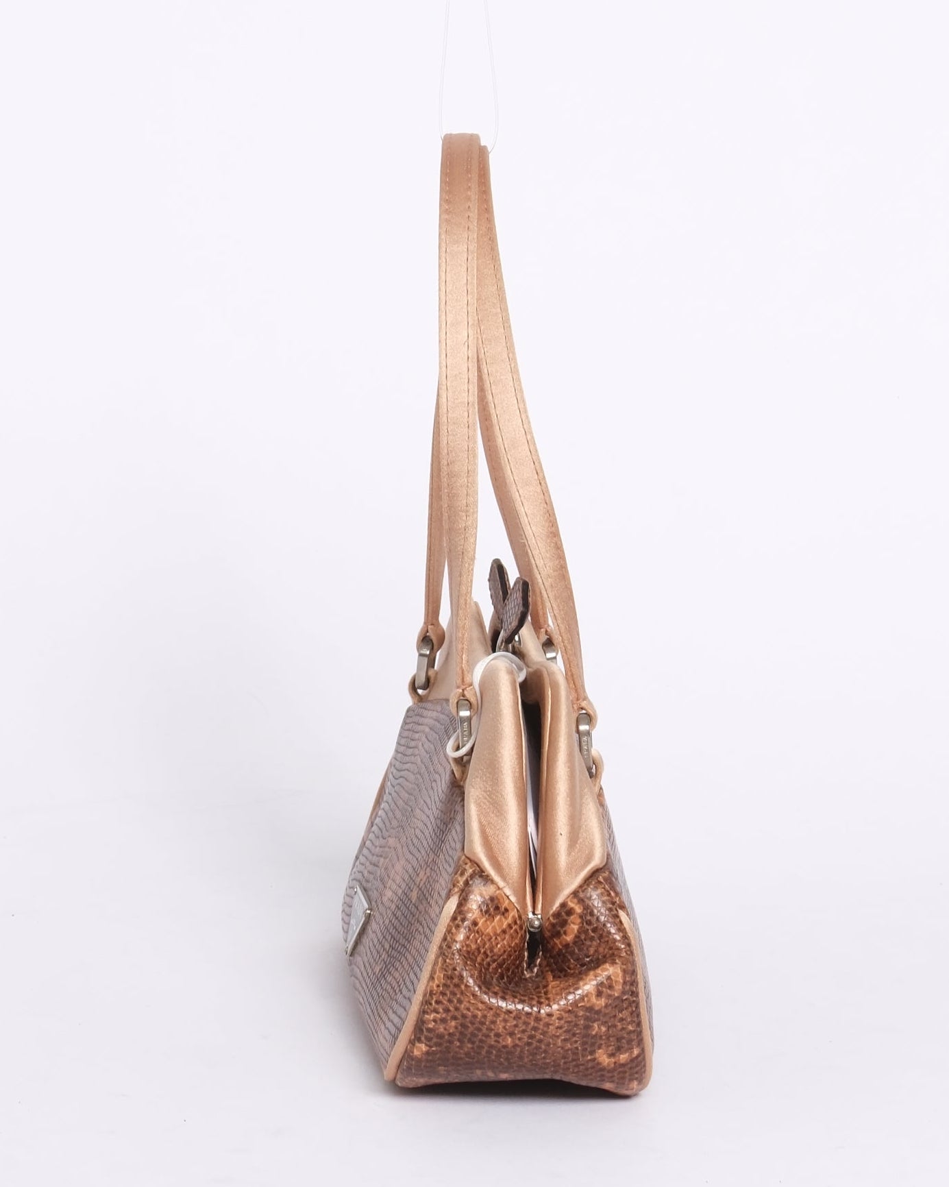 Prada Pink & Brown Lizard Satin Small Kisslock Bag w/ Mirror