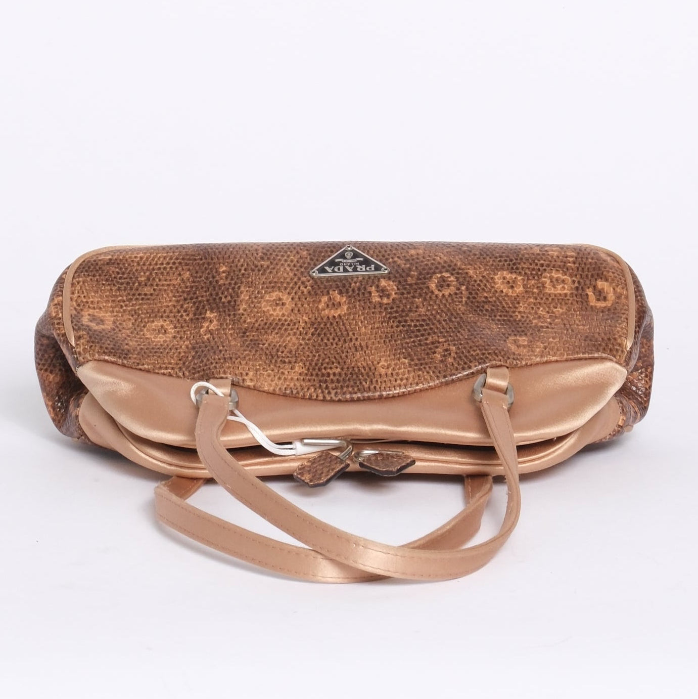 Prada Pink & Brown Lizard Satin Small Kisslock Bag w/ Mirror