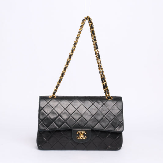 Chanel Vintage Black Lambskin Leather Quilted Matelasse Classic Double Flap