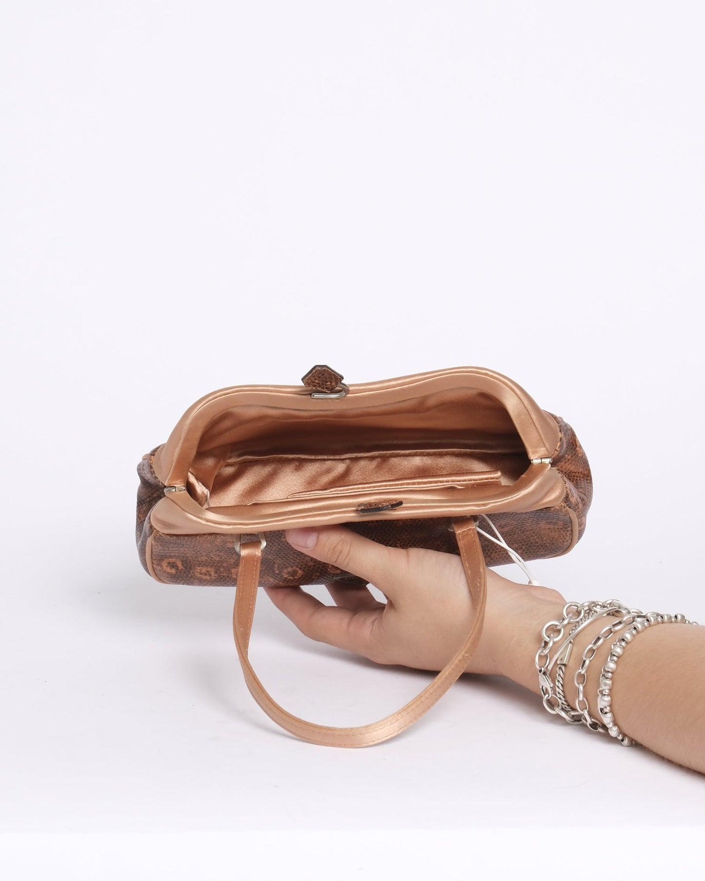 Prada Pink & Brown Lizard Satin Small Kisslock Bag w/ Mirror