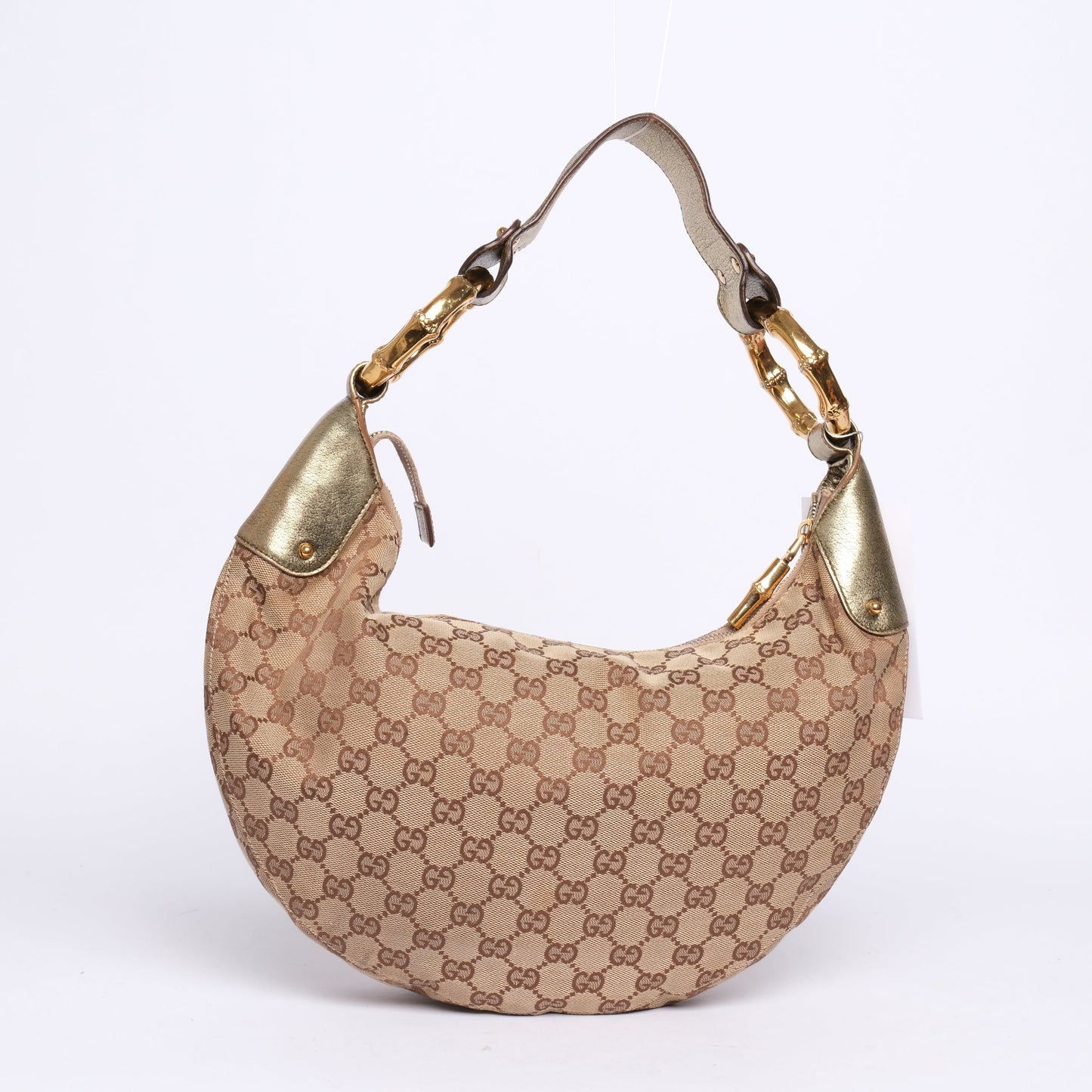 Gucci Brown & Metallic Olive Canvas & Leather Monogram Shoulder Bag