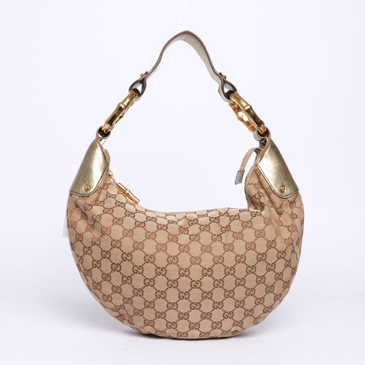Gucci Brown & Metallic Olive Canvas & Leather Monogram Shoulder Bag