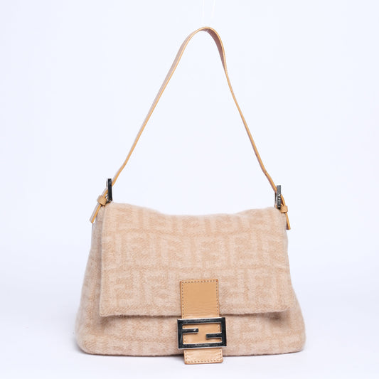 Fendi Beige Wool Zucca Monogram Mama Baguette Shoulder Bag