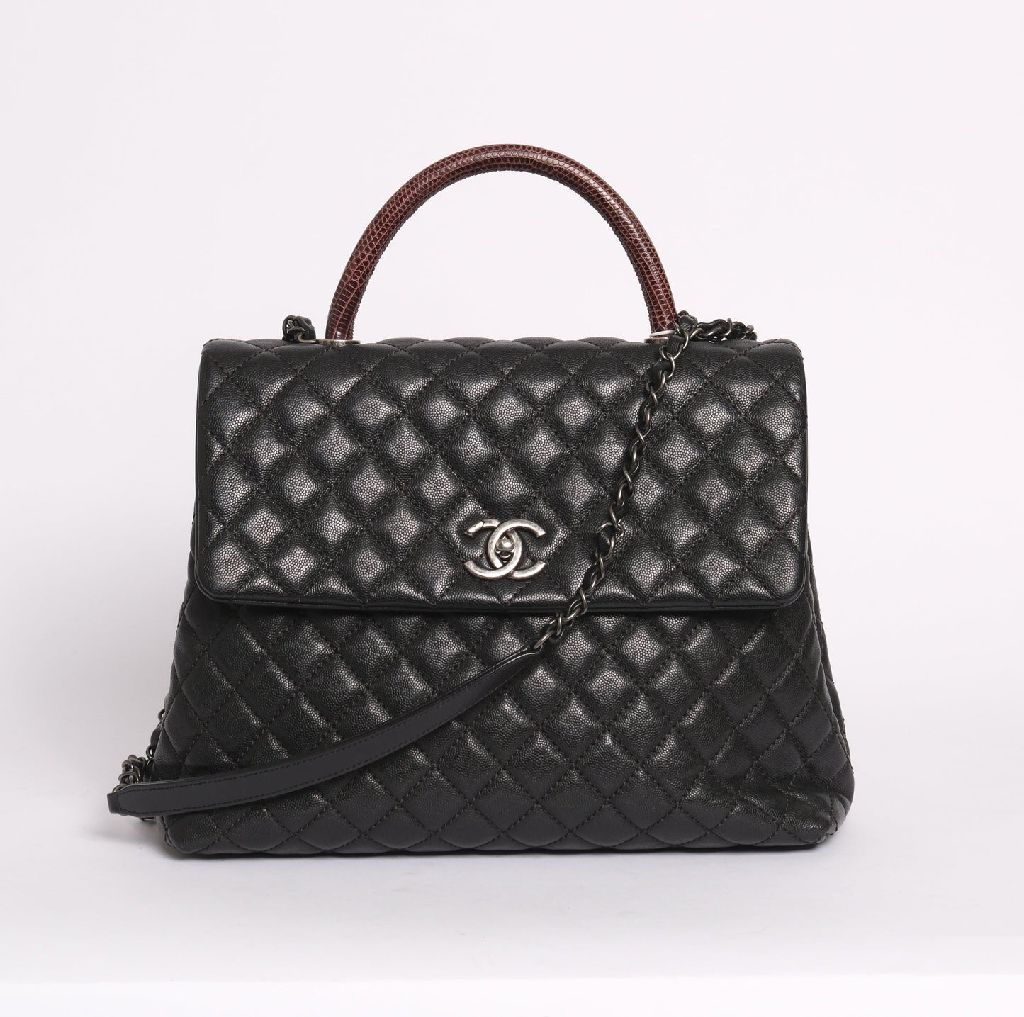 Chanel Black & Burgundy Caviar Leather & Lizard Coco Handle Flap