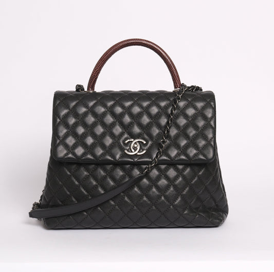 Chanel Black & Burgundy Caviar Leather & Lizard Coco Handle Flap