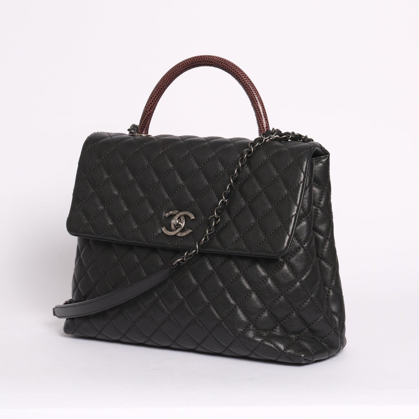 Chanel Black & Burgundy Caviar Leather & Lizard Coco Handle Flap