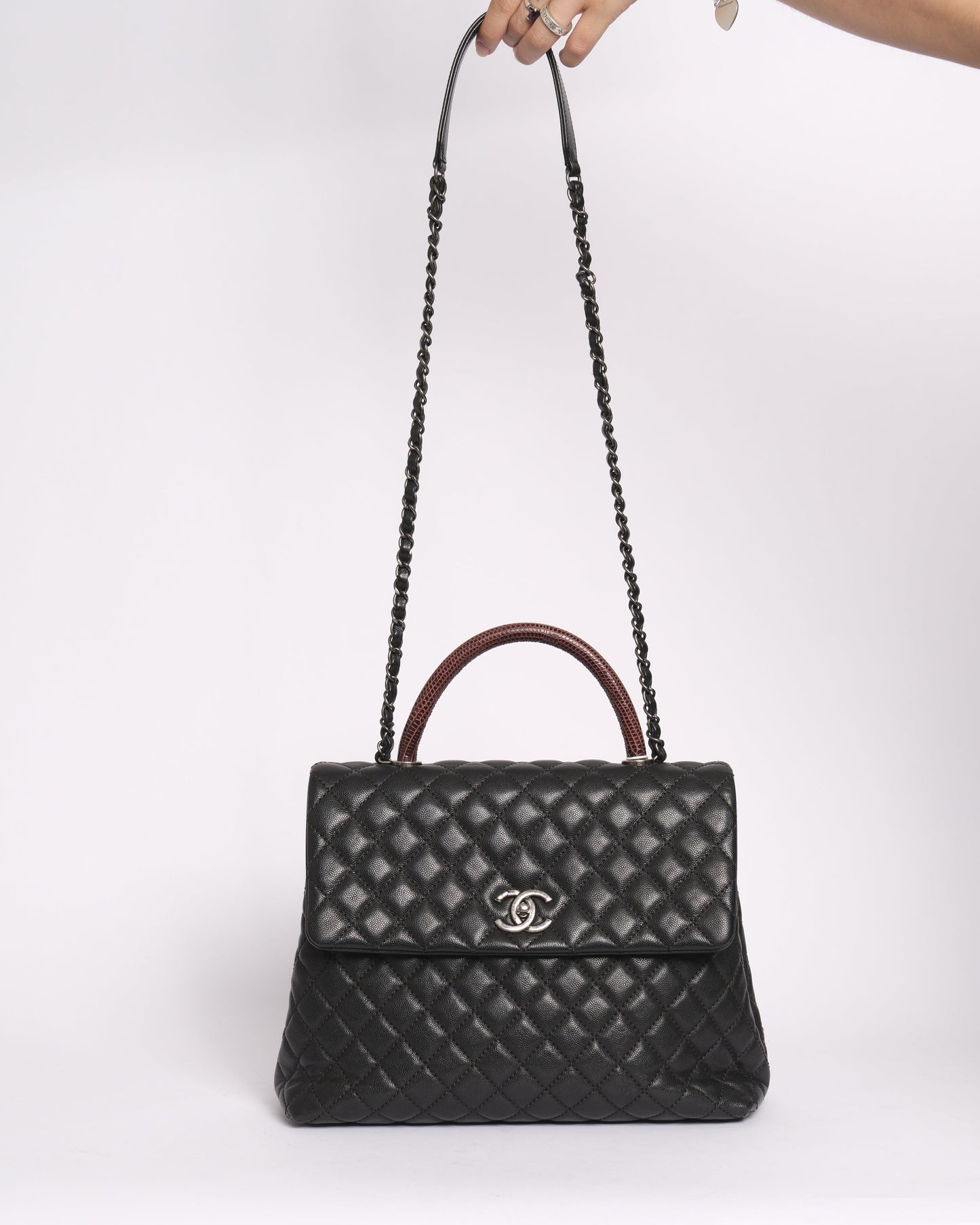 Chanel Black & Burgundy Caviar Leather & Lizard Coco Handle Flap