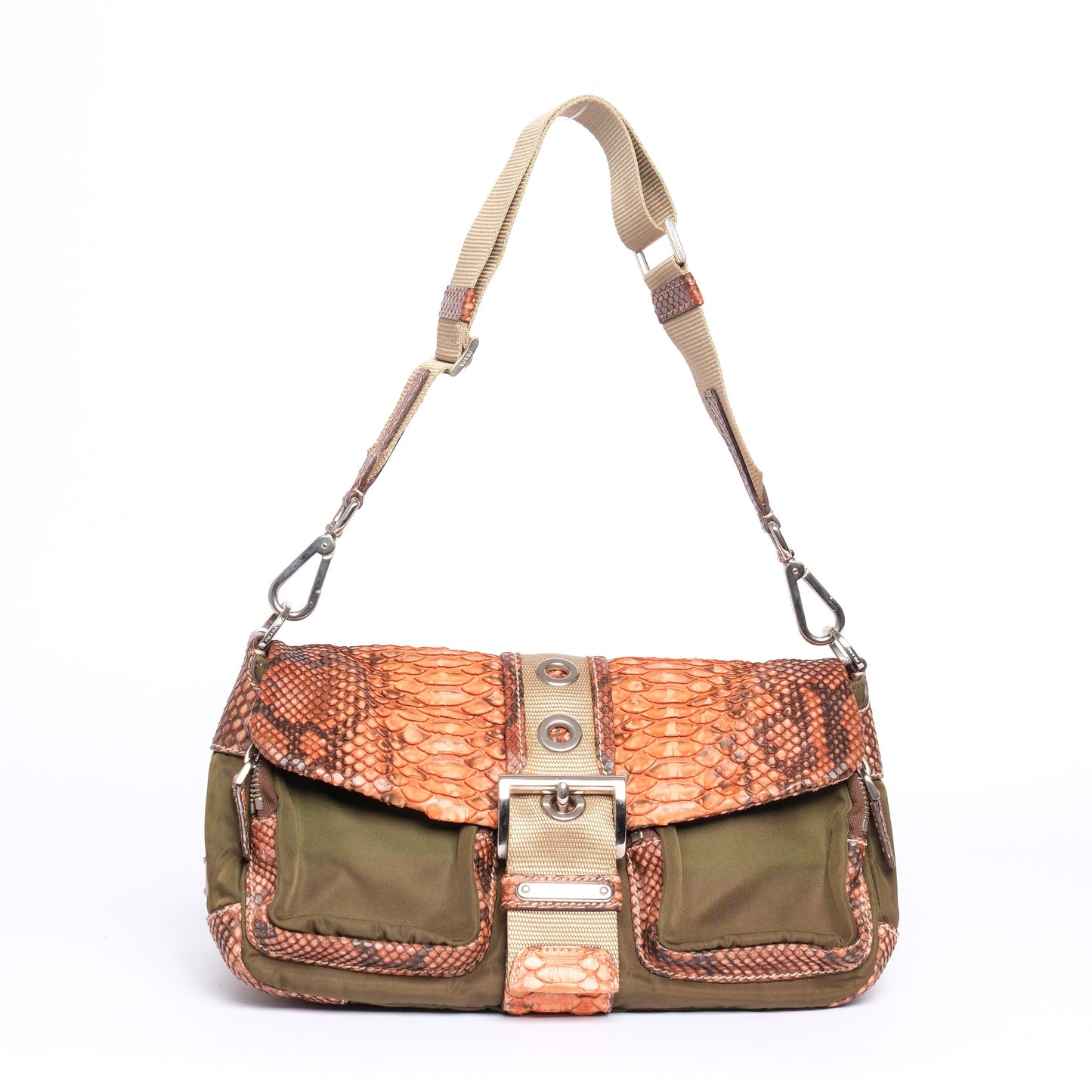 RARE Prada Green & Orange Nylon & Python Shoulder Bag SHW