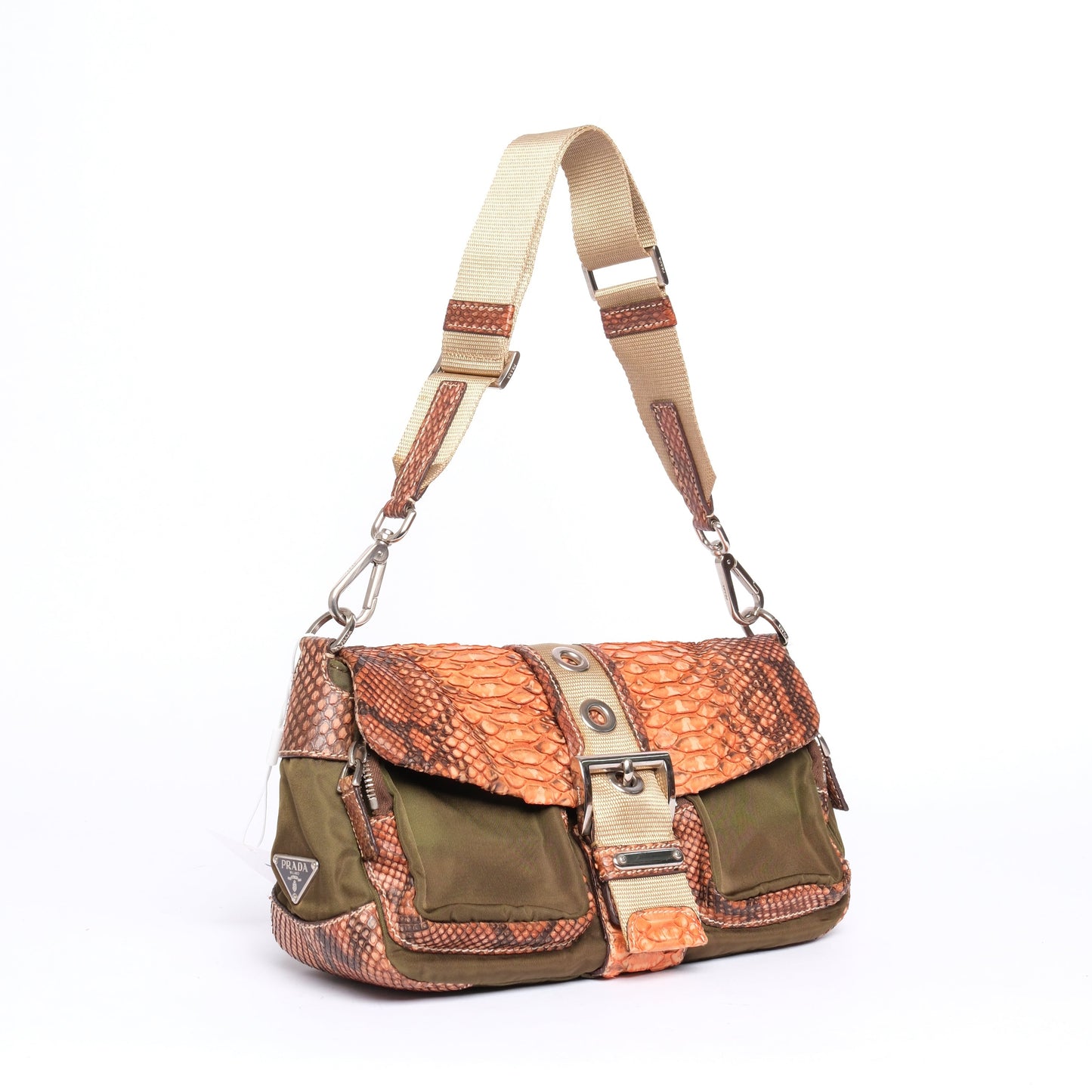 RARE Prada Green & Orange Nylon & Python Shoulder Bag SHW
