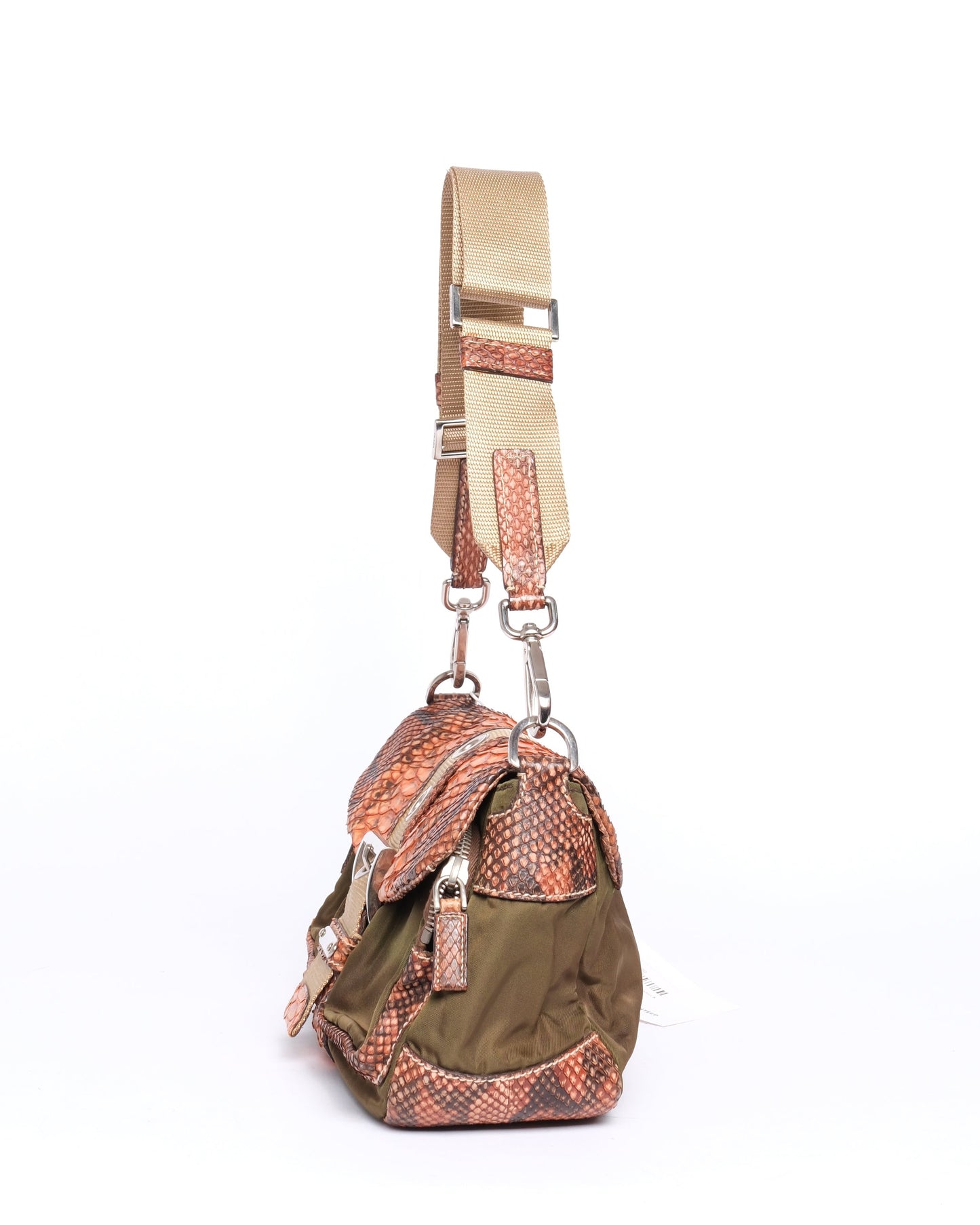 RARE Prada Green & Orange Nylon & Python Shoulder Bag SHW