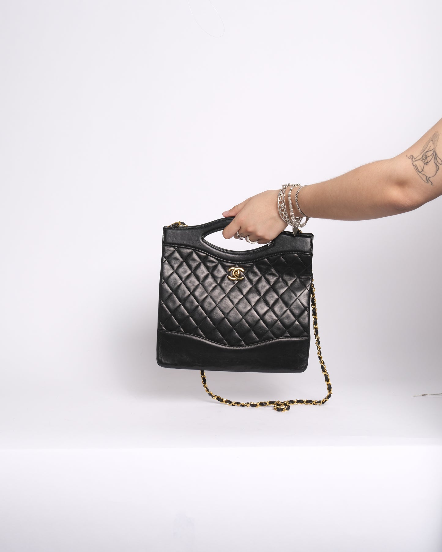 Chanel Black Lambskin Leather Quilted 31 Top Handle Tote Bag