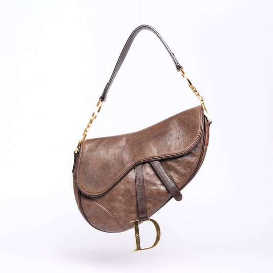 Christian Dior Brown Ostrich Leather Saddle Bag GHW