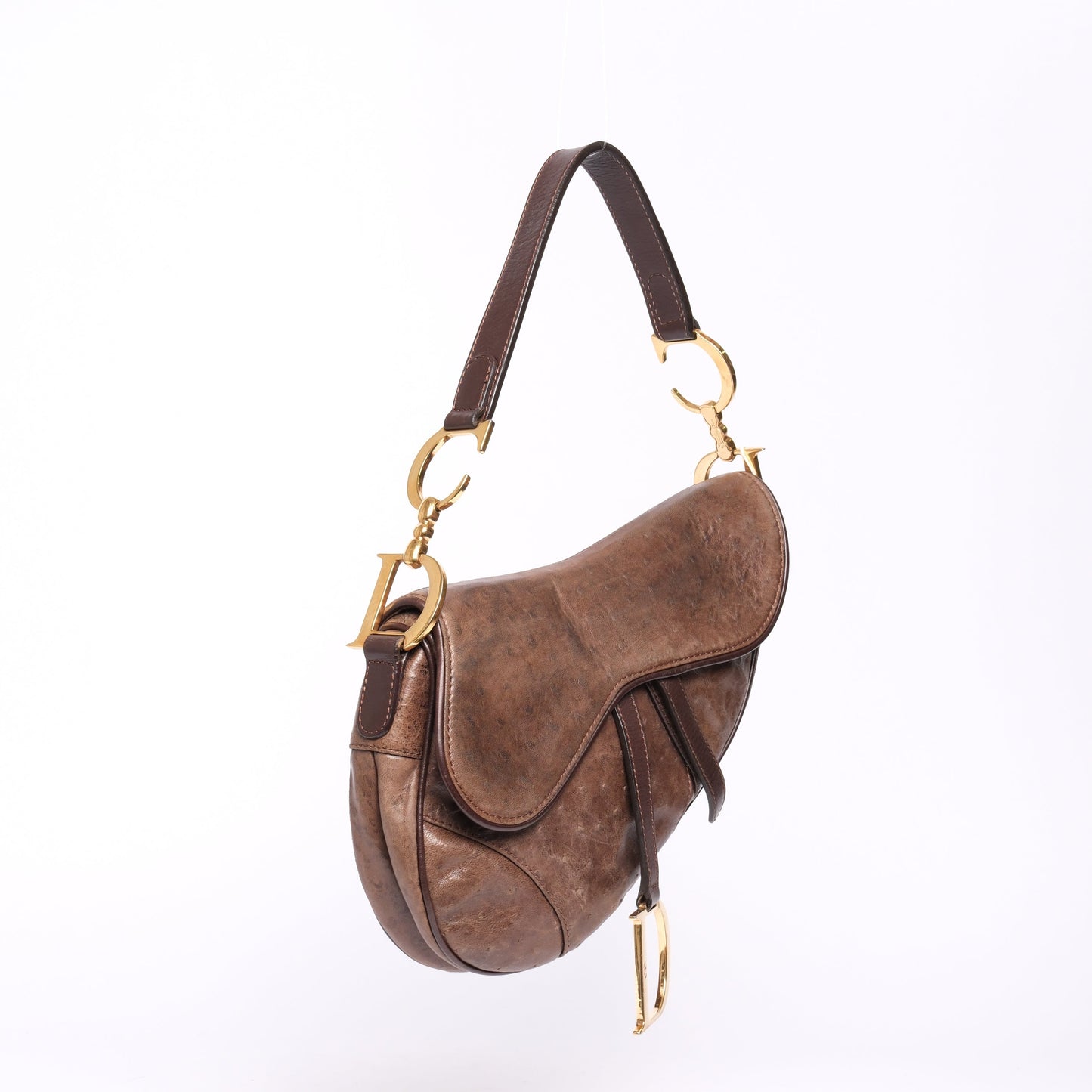 Christian Dior Brown Ostrich Leather Saddle Bag GHW