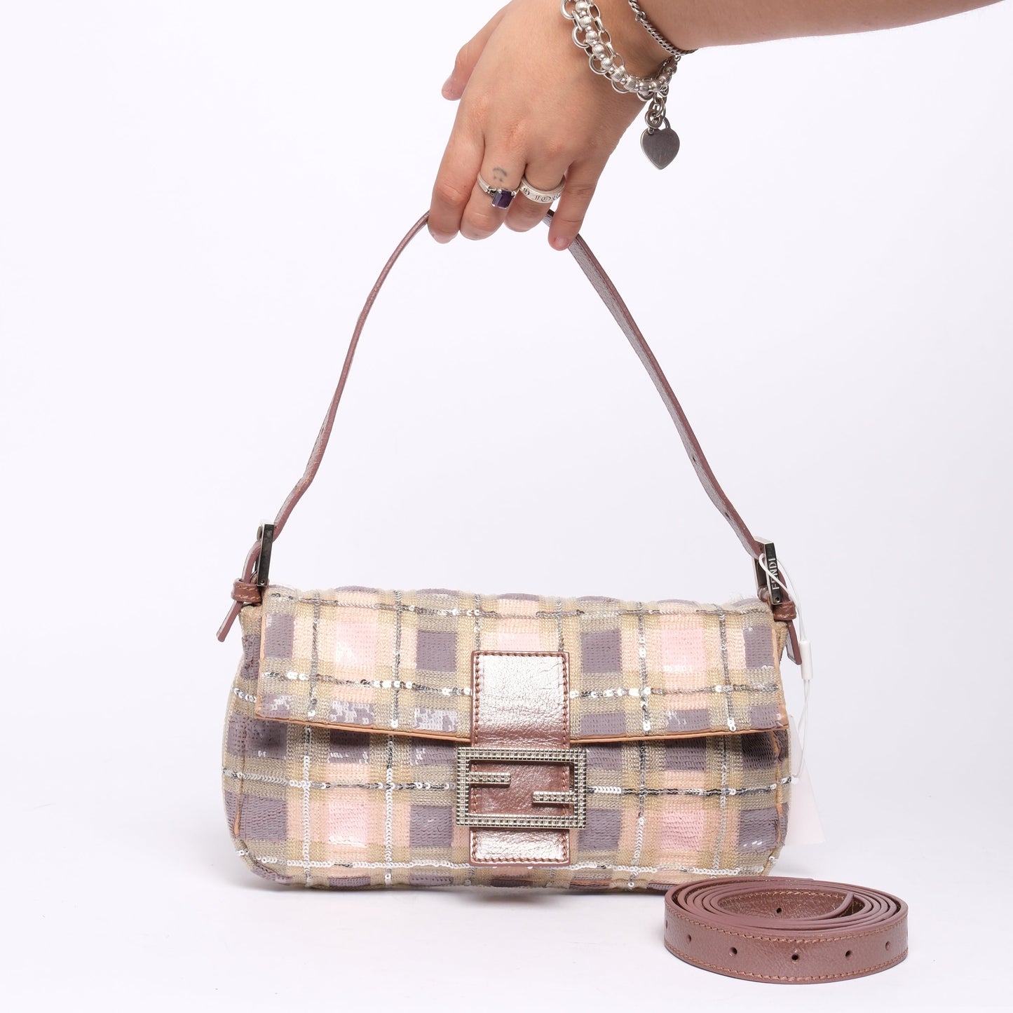 RARE Fendi Multicolor Sequin Plaid Baguette Shoulder Bag