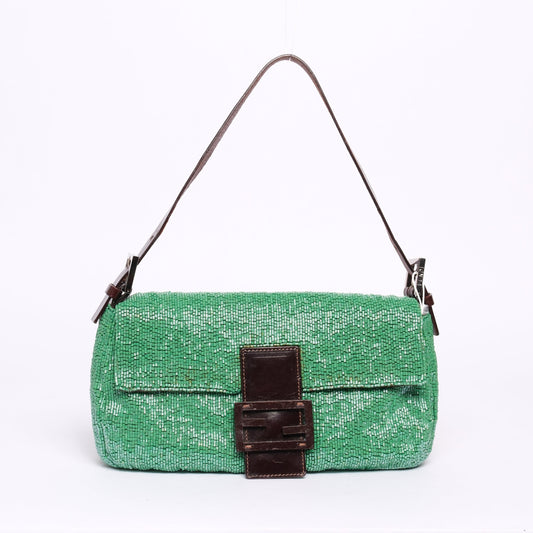 Fendi Green & Brown Beaded & Leather Baguette Shoulder Bag