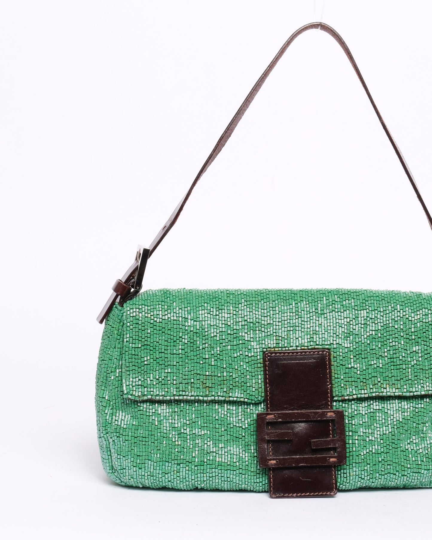 Fendi Green & Brown Beaded & Leather Baguette Shoulder Bag