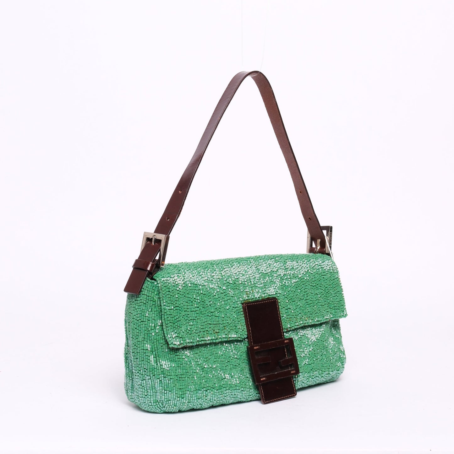 Fendi Green & Brown Beaded & Leather Baguette Shoulder Bag