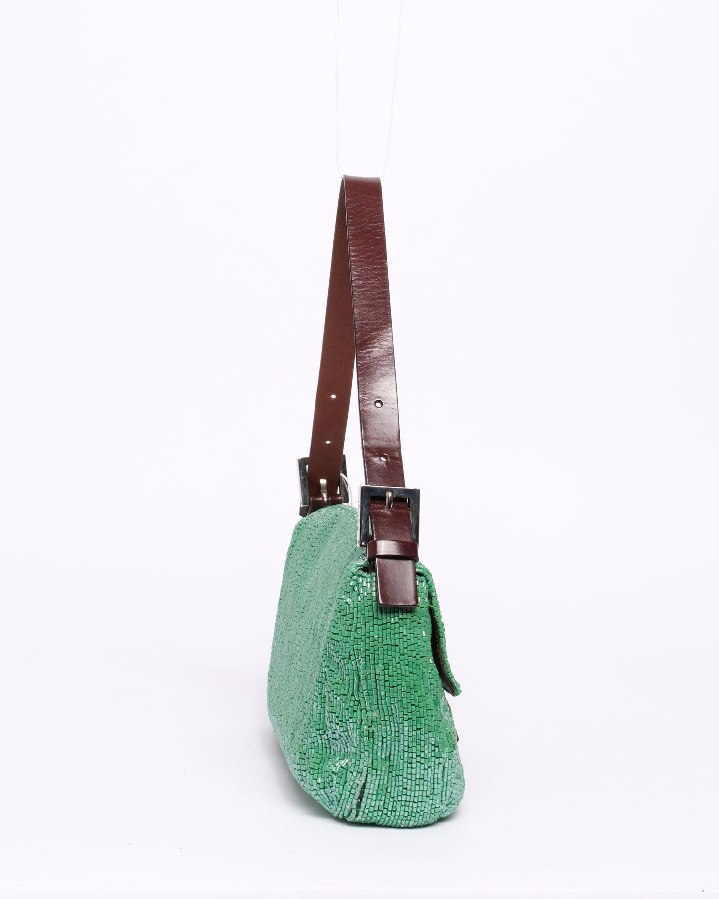Fendi Green & Brown Beaded & Leather Baguette Shoulder Bag