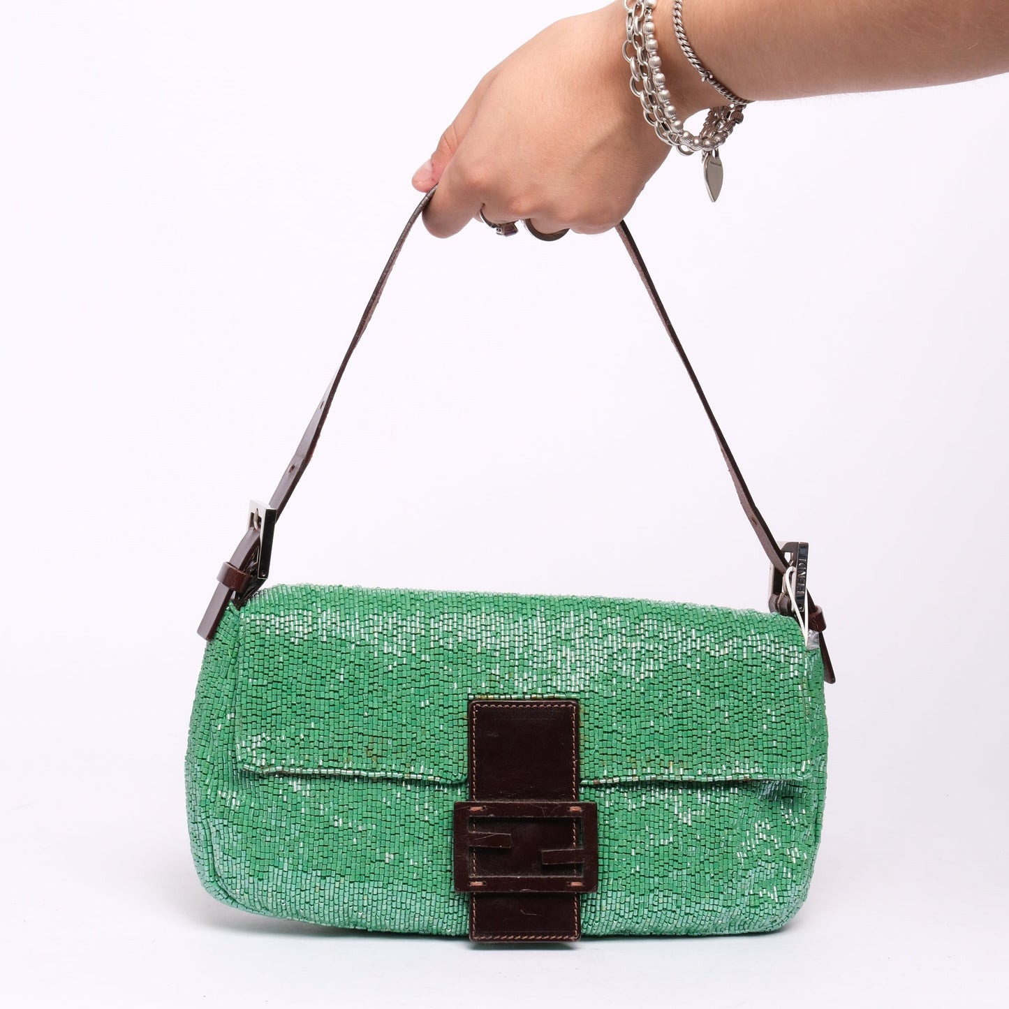 Fendi Green & Brown Beaded & Leather Baguette Shoulder Bag