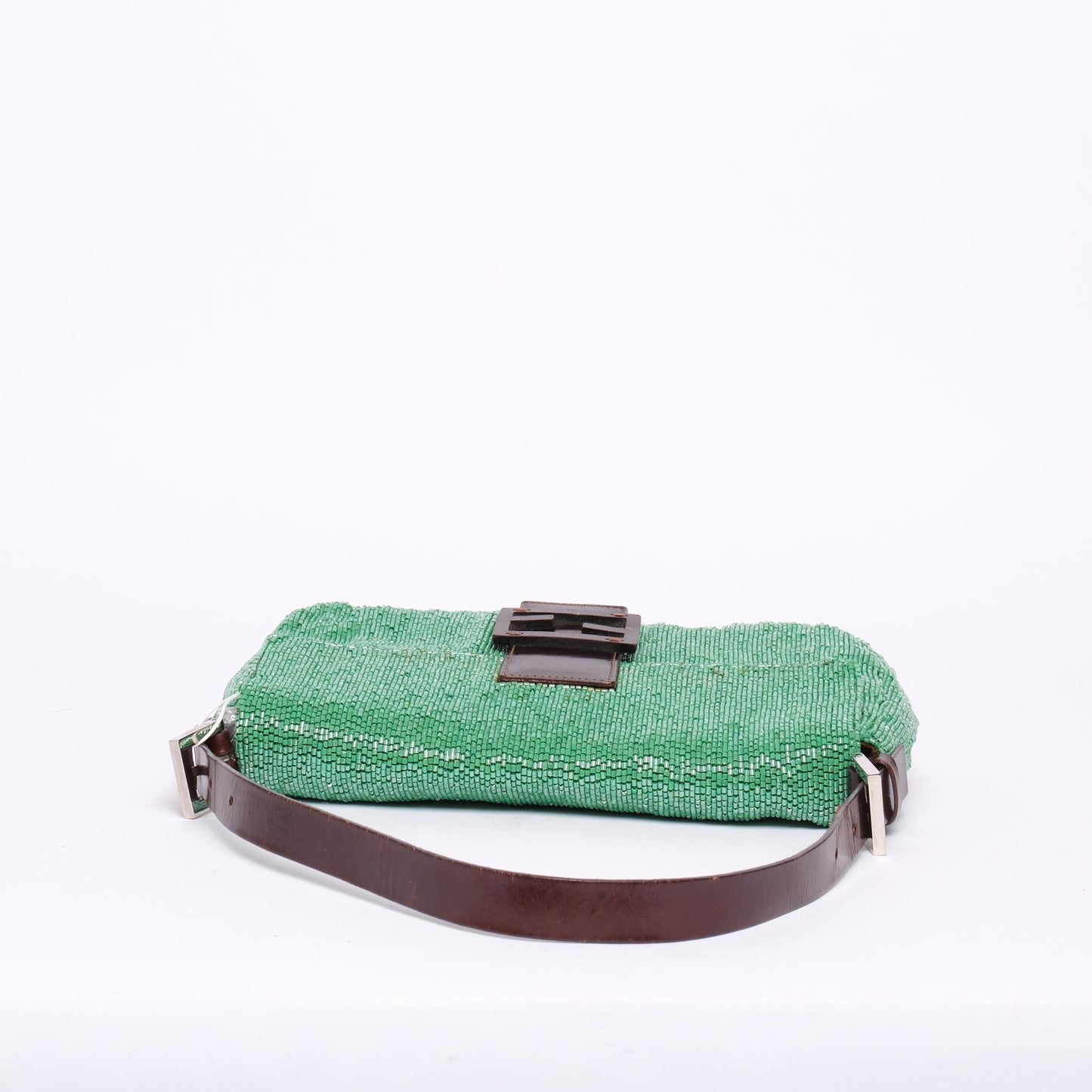 Fendi Green & Brown Beaded & Leather Baguette Shoulder Bag