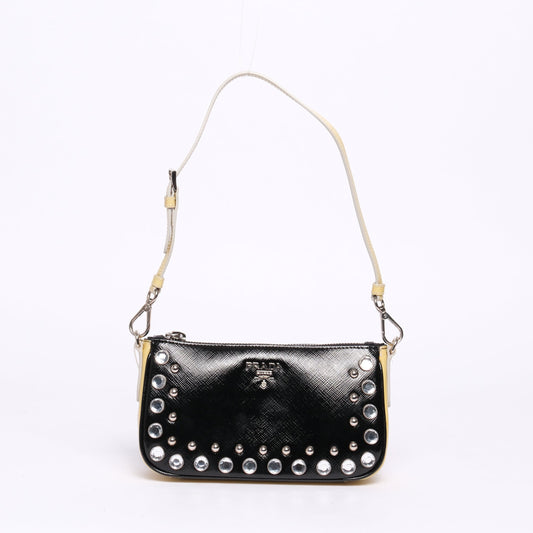 Prada Black & Yellow Saffiano Leather Jeweled Mini Shoulder Bag