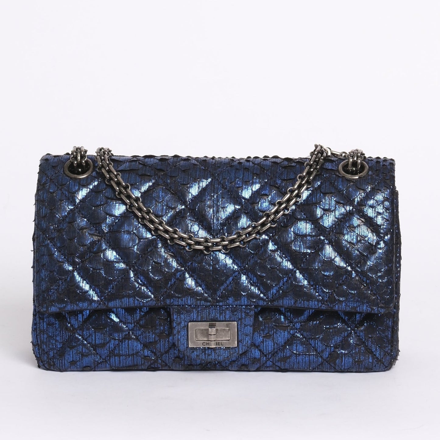 RARE Chanel Metallic Blue Python 2.55 Chain Shoulder Flap