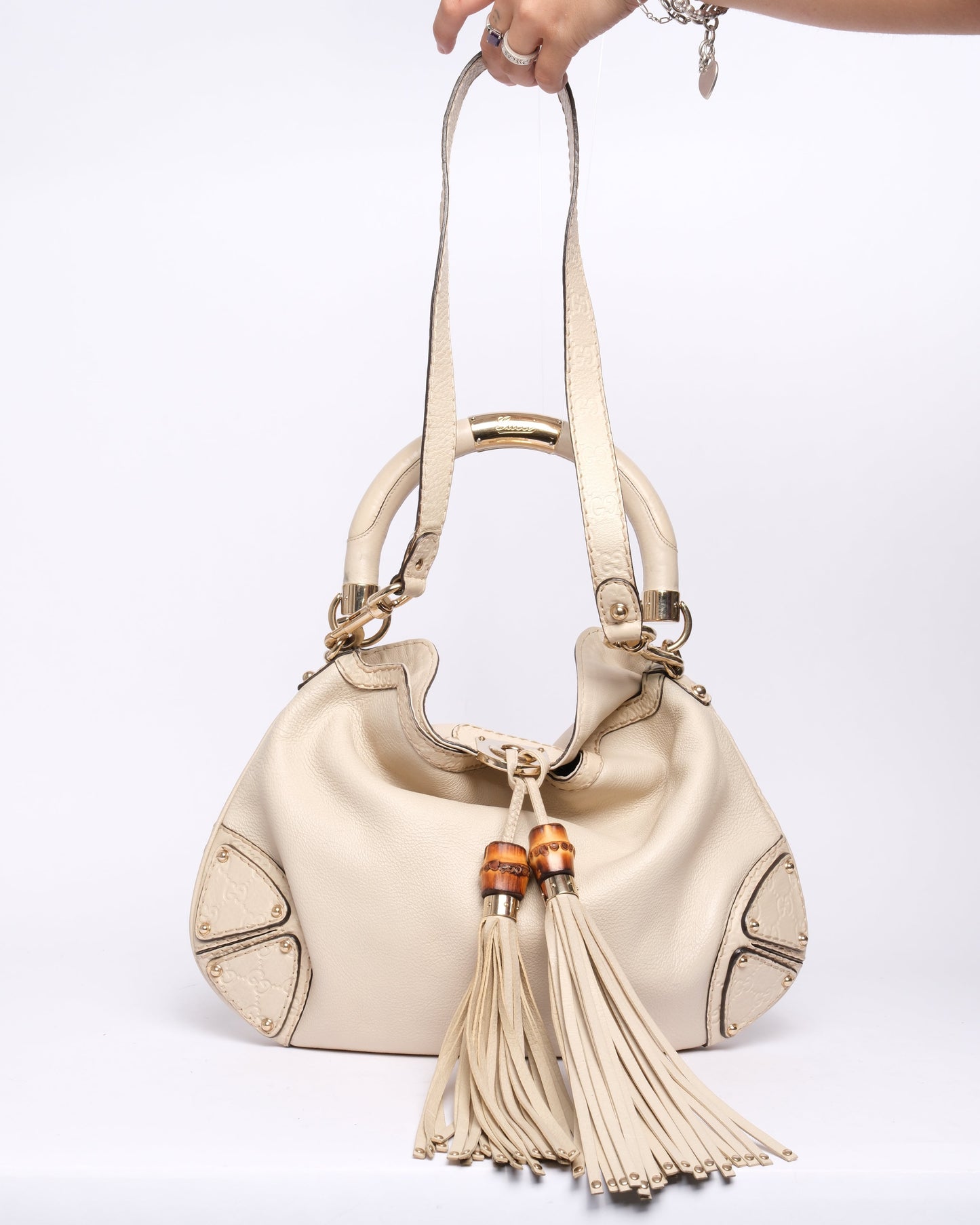 Gucci Beige Leather Monogram Canvas Babouska Indy Shoulder Bag