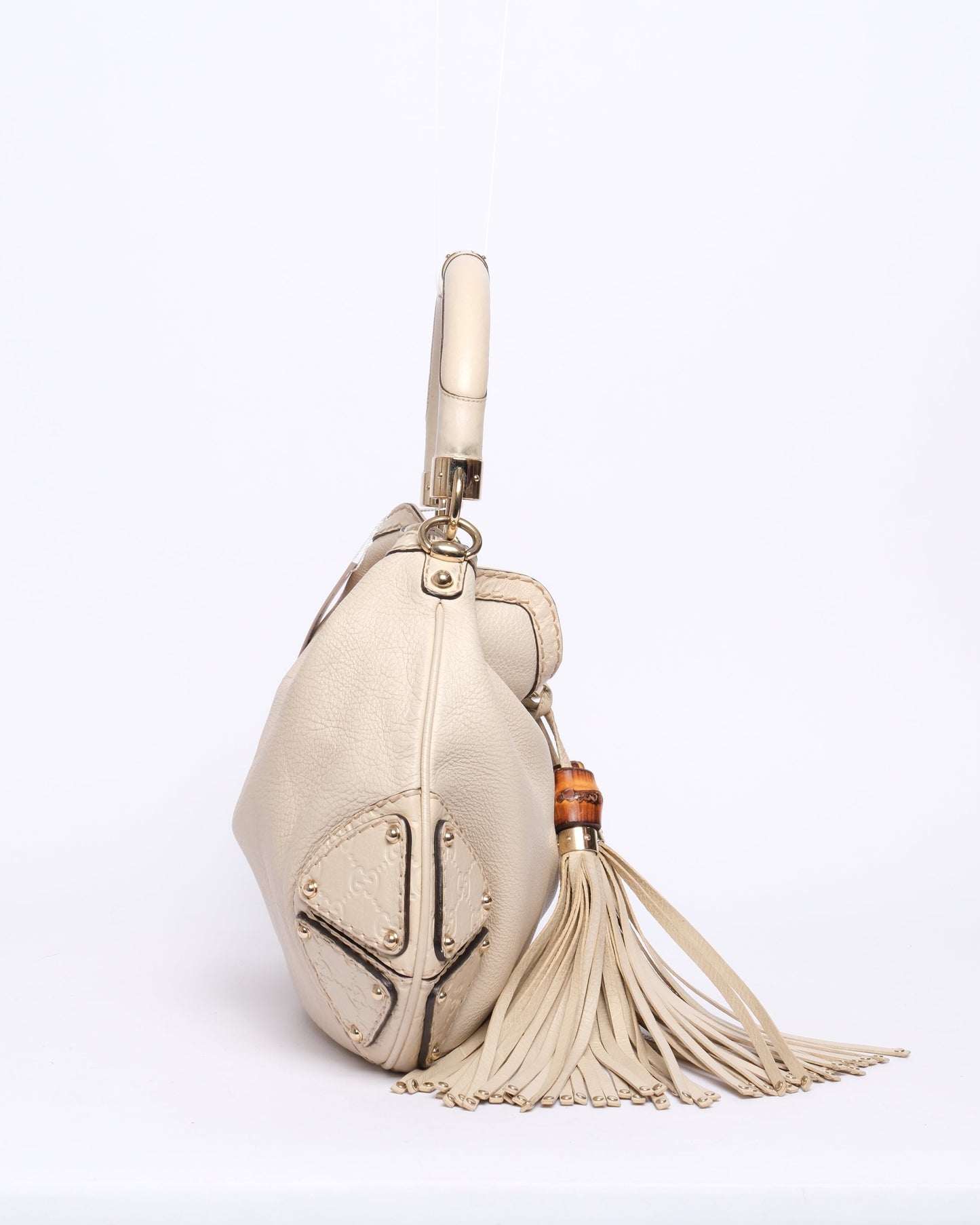 Gucci Beige Leather Monogram Canvas Babouska Indy Shoulder Bag