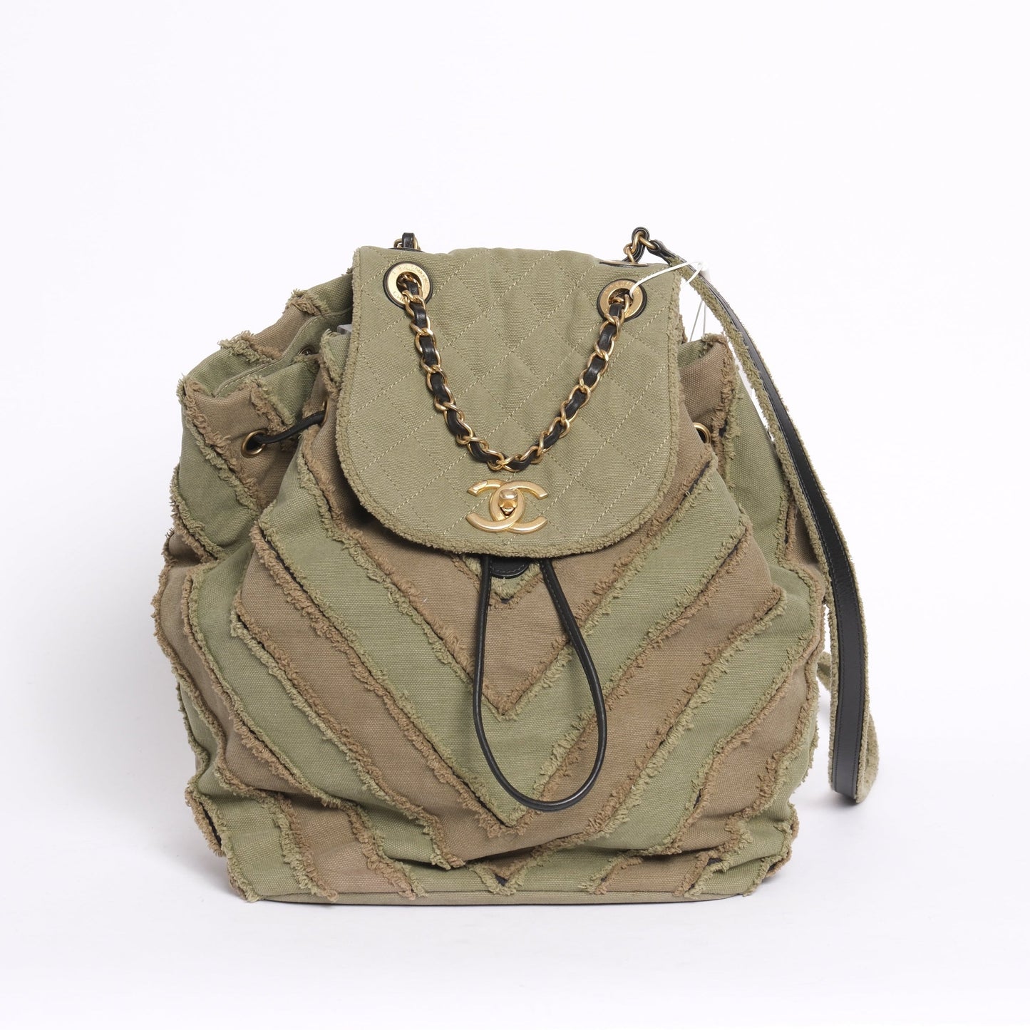 Chanel Green Khaki Canvas Chevron Patchwork Backpack