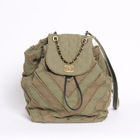 Chanel Green Khaki Canvas Chevron Patchwork Backpack