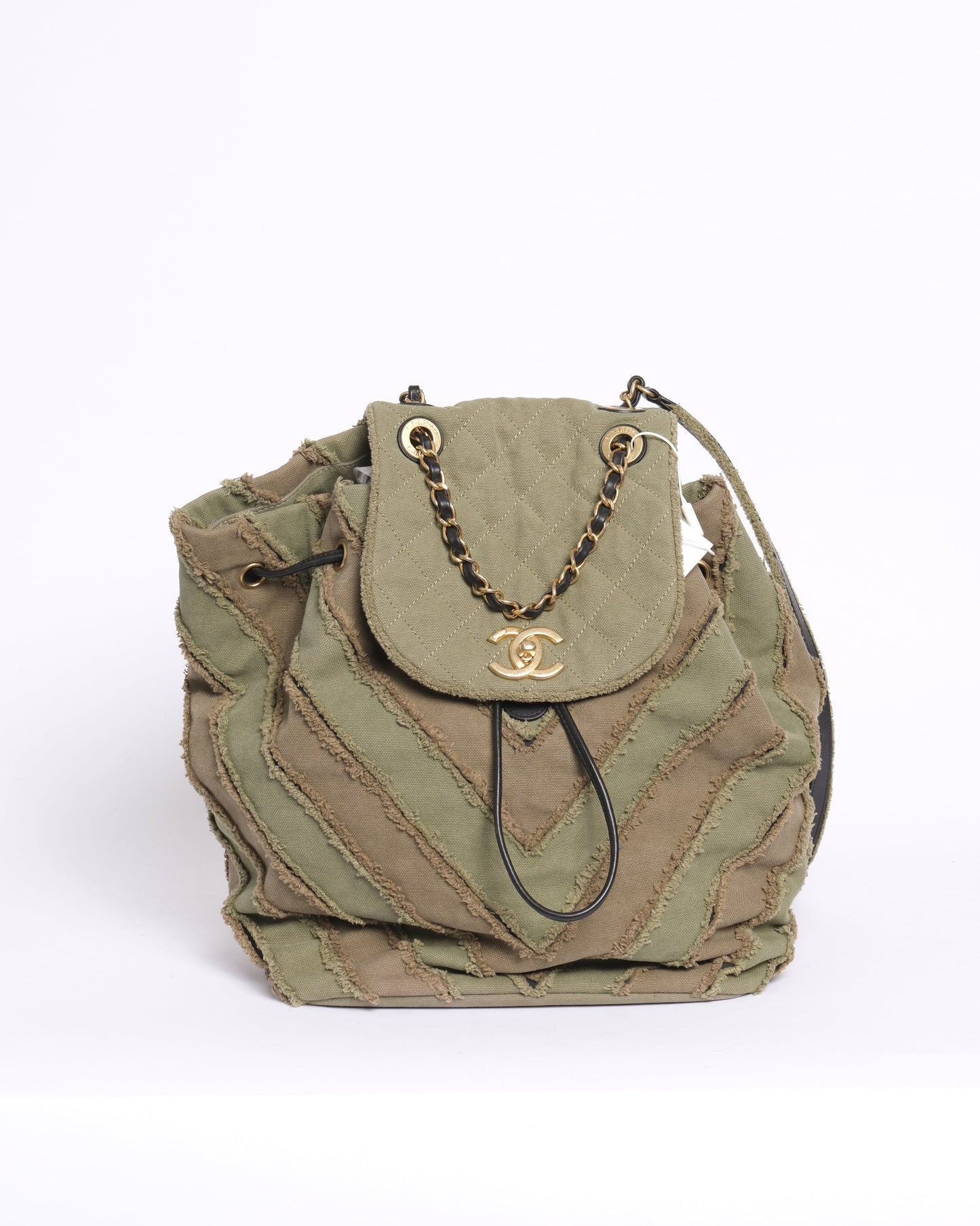 Chanel Green Khaki Canvas Chevron Patchwork Backpack