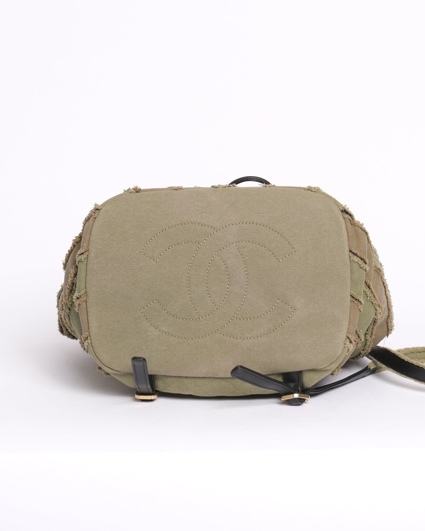 Chanel Green Khaki Canvas Chevron Patchwork Backpack