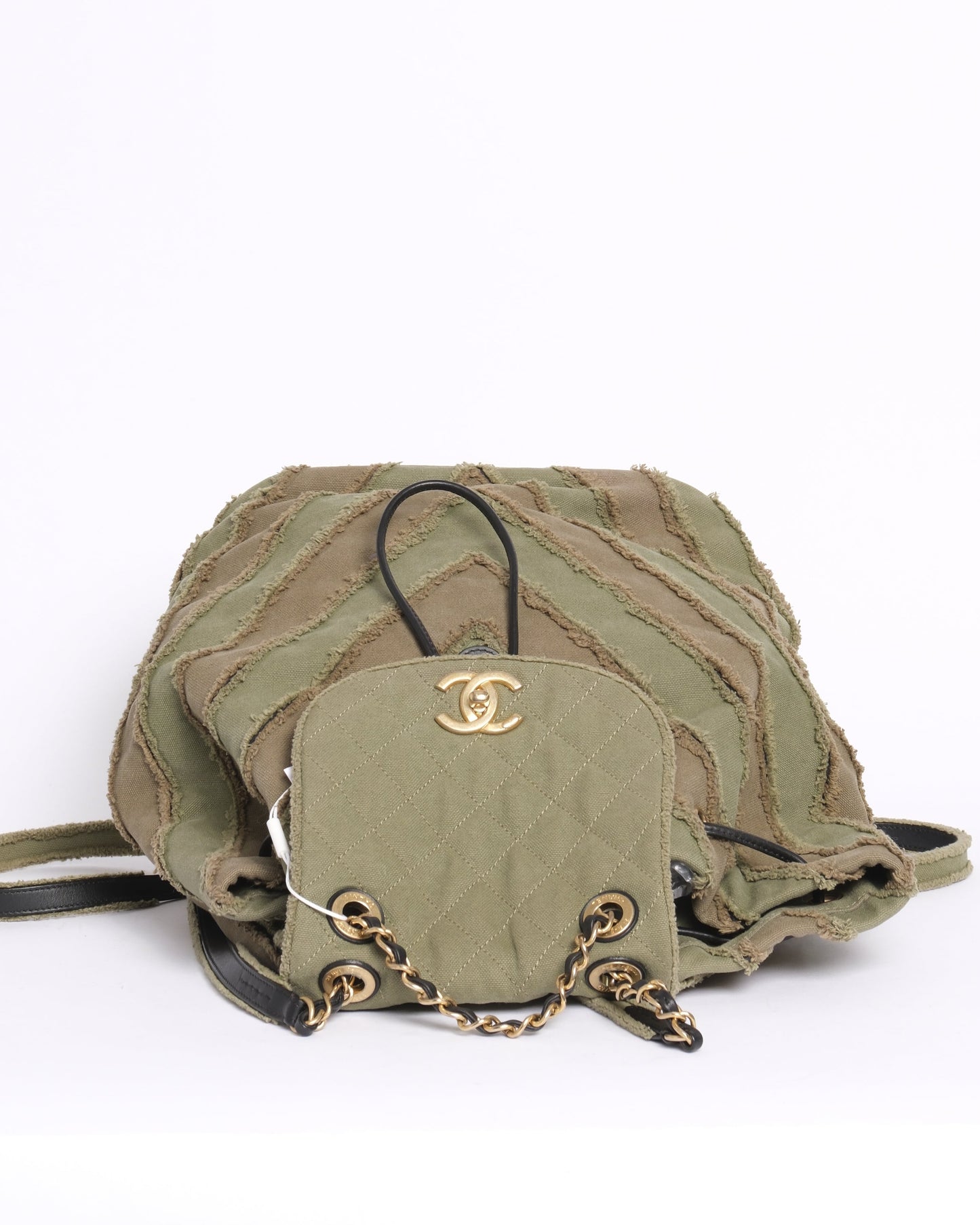 Chanel Green Khaki Canvas Chevron Patchwork Backpack
