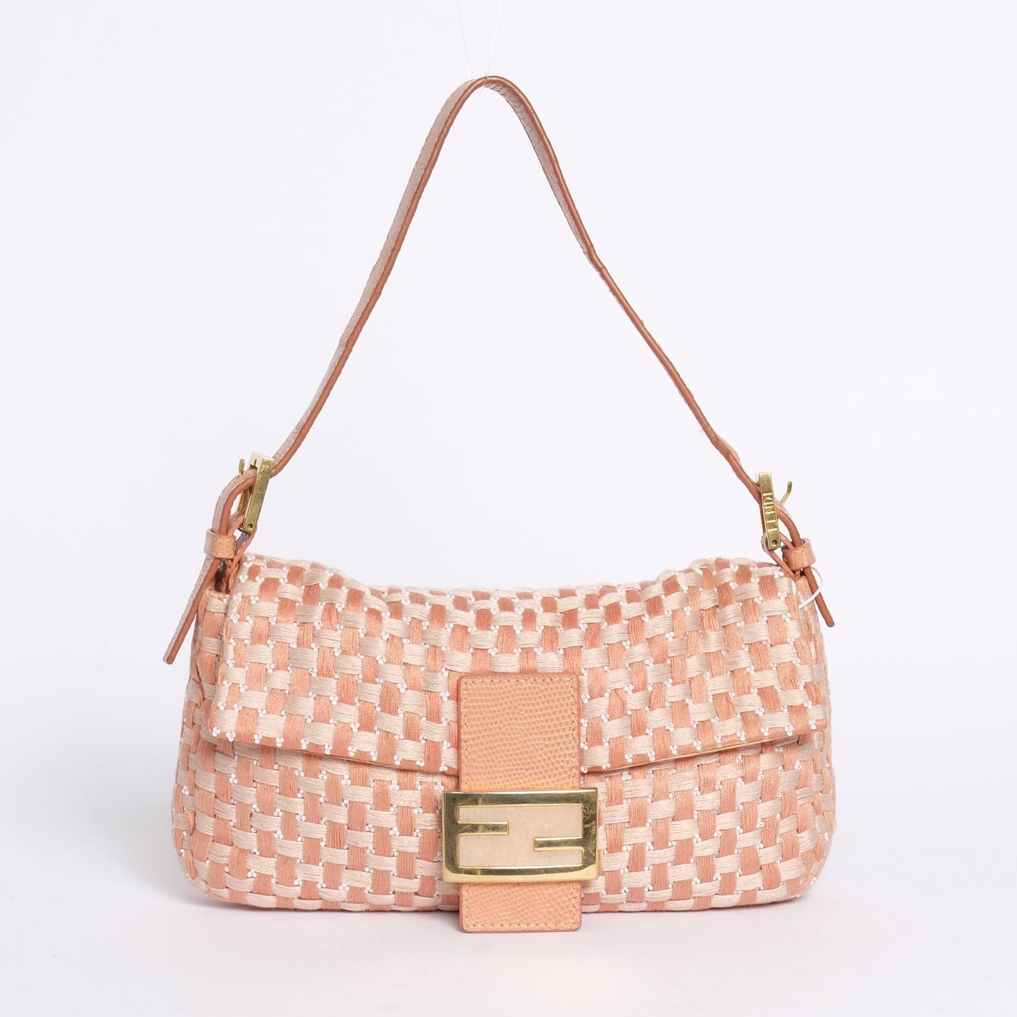 RARE Fendi Orange & White Woven Tweed & Lizard Beaded Baguette Shoulder Bag