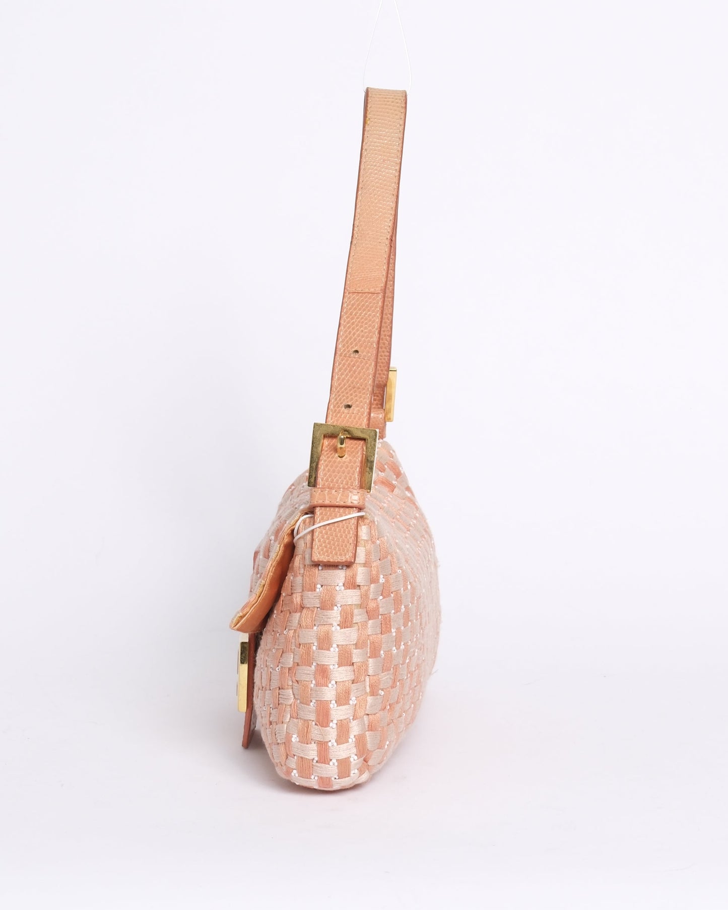 RARE Fendi Orange & White Woven Tweed & Lizard Beaded Baguette Shoulder Bag