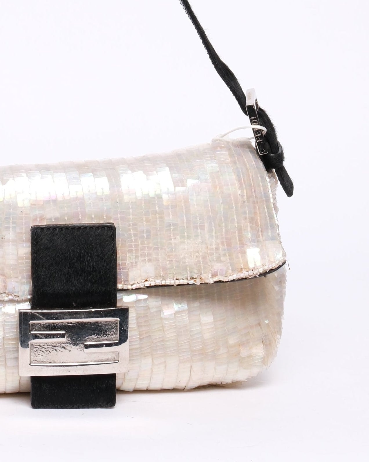 Fendi Ivory Shimmer Sequin & Beaded Baguette with Ponyhair Shoulder Bag