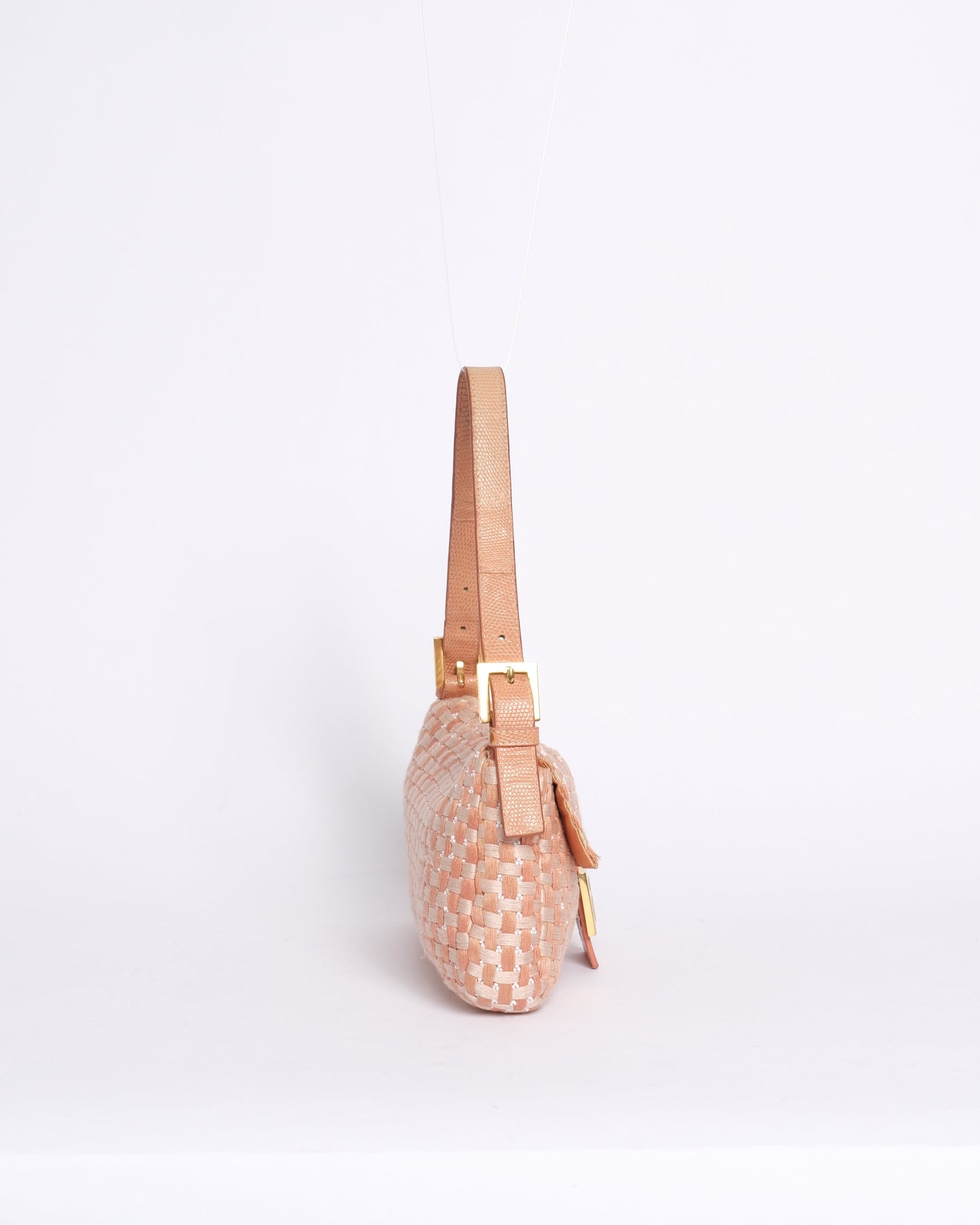 RARE Fendi Orange & White Woven Tweed & Lizard Beaded Baguette Shoulder Bag