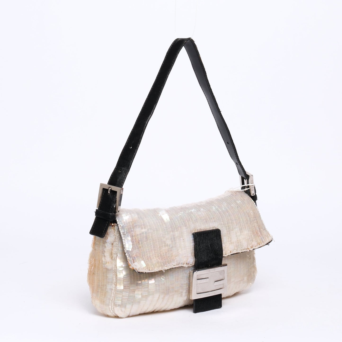 Fendi Ivory Shimmer Sequin & Beaded Baguette with Ponyhair Shoulder Bag