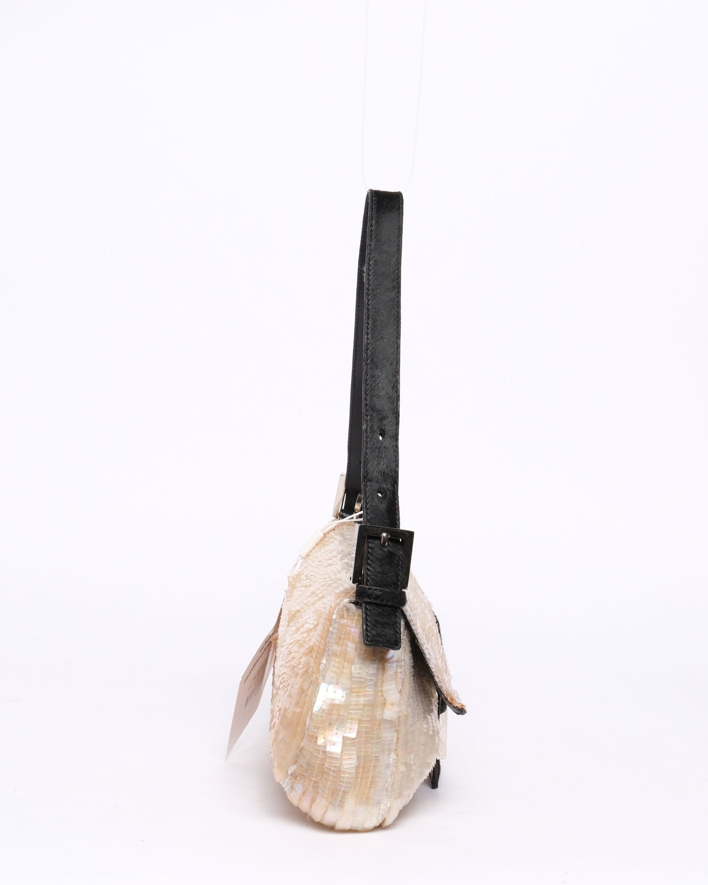 Fendi Ivory Shimmer Sequin & Beaded Baguette with Ponyhair Shoulder Bag