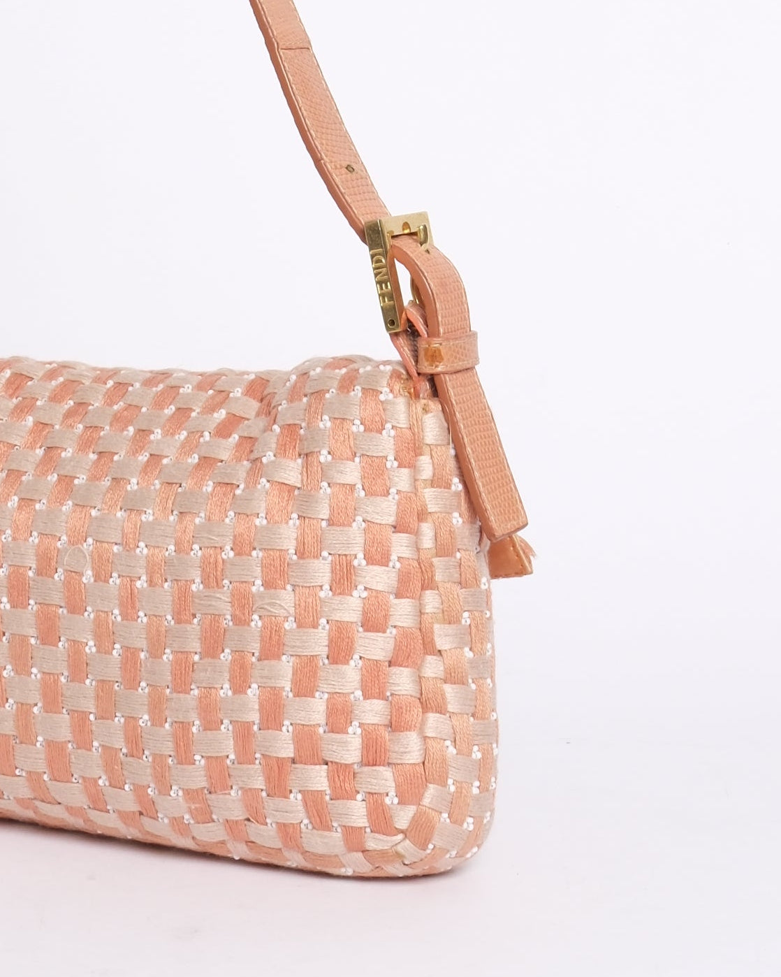 RARE Fendi Orange & White Woven Tweed & Lizard Beaded Baguette Shoulder Bag