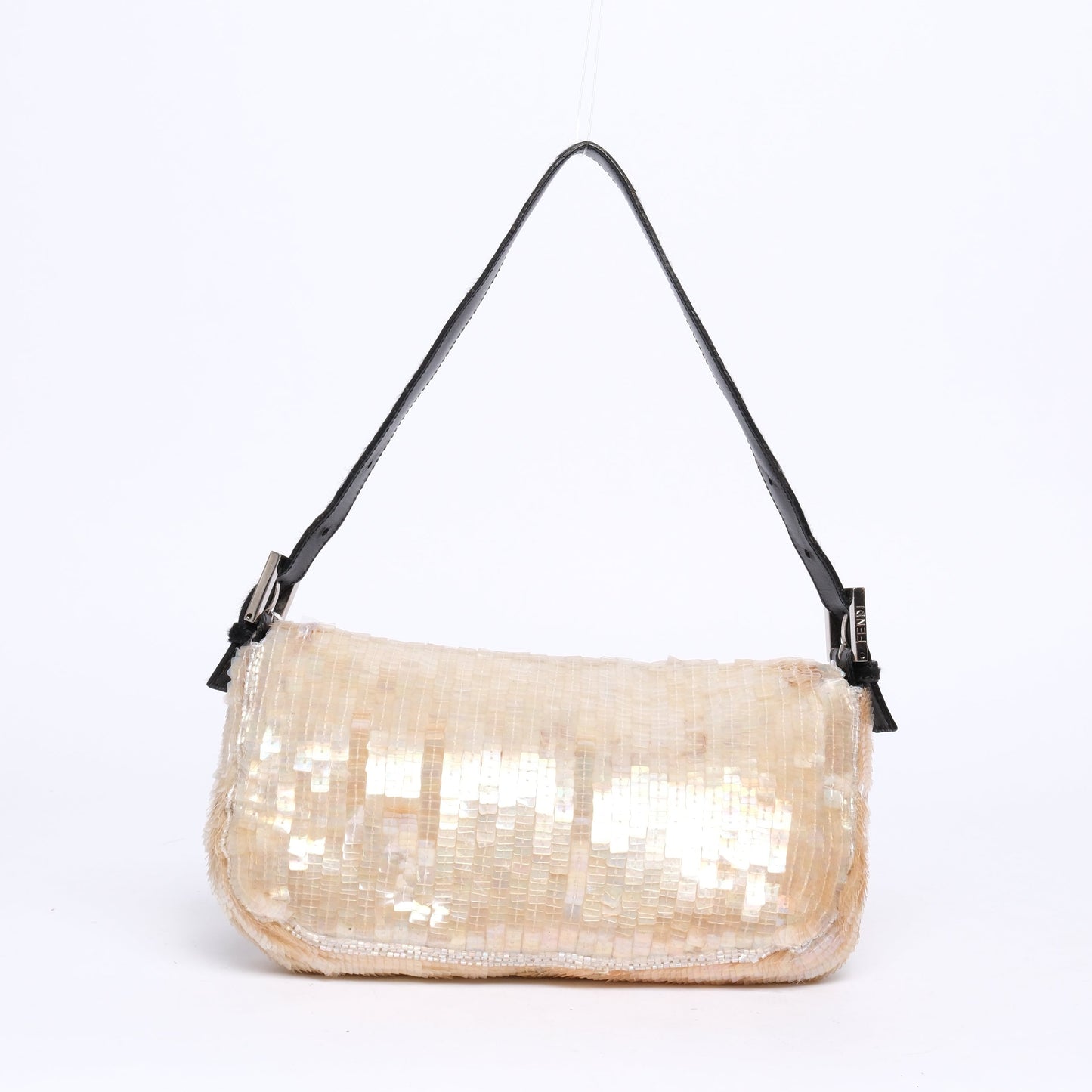 Fendi Ivory Shimmer Sequin & Beaded Baguette with Ponyhair Shoulder Bag