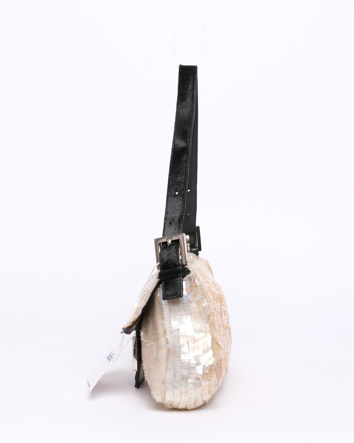 Fendi Ivory Shimmer Sequin & Beaded Baguette with Ponyhair Shoulder Bag