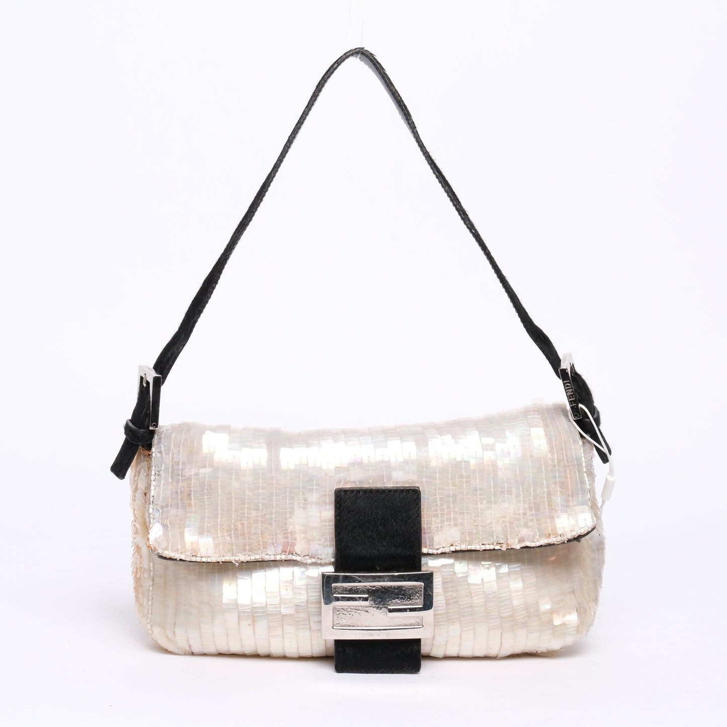 Fendi Ivory Shimmer Sequin & Beaded Baguette with Ponyhair Shoulder Bag