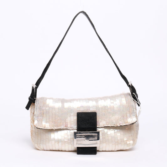 Fendi Ivory Shimmer Sequin & Beaded Baguette with Ponyhair Shoulder Bag